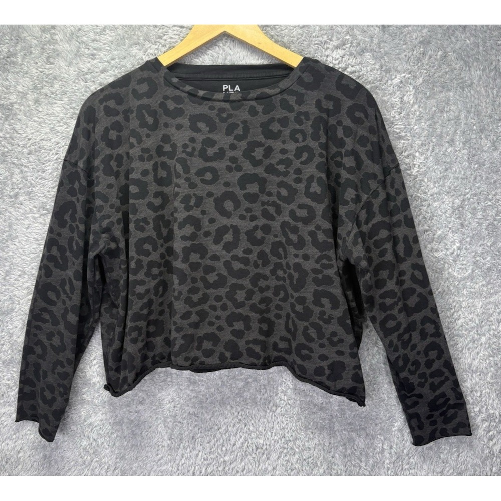 PLANET Lauren G Womens OS Pima Cotton Black Animal Print Boxy Crop Top Lagenlook